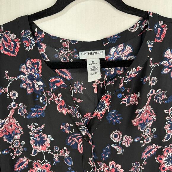 Catherine’s Black Peasant Blouse Women 2X Sheer Button Up Boho Chic Pink Floral - Picture 6 of 9